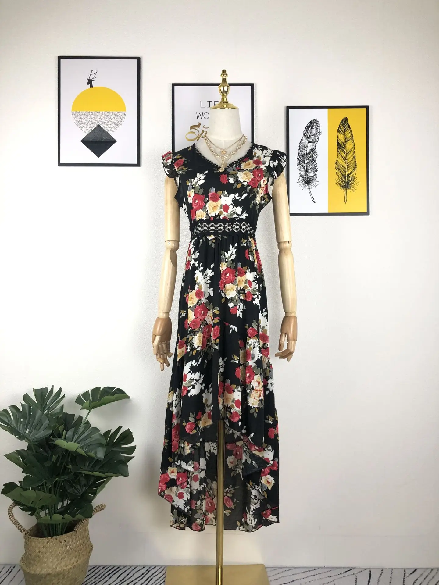 

Loose rayon lace Floral backless Dress women holiday Dress Summer