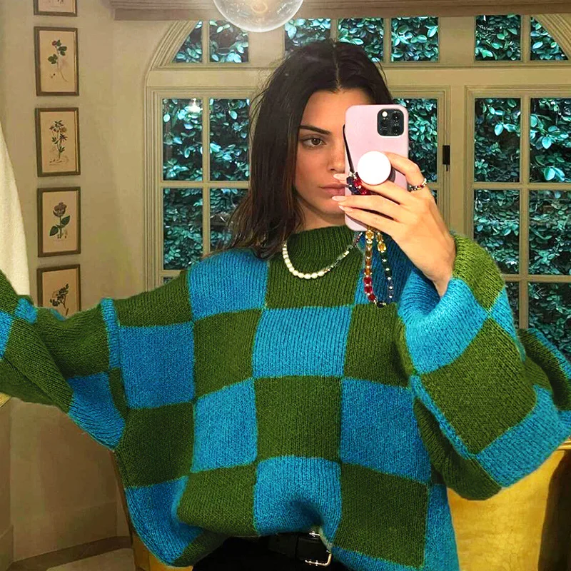 

Autumn Winter Green Plaid Women Sweater Fashion Casual Patchwork Clothing Female Long Sleeve Loose Knitted Top O Neck Streetwear
