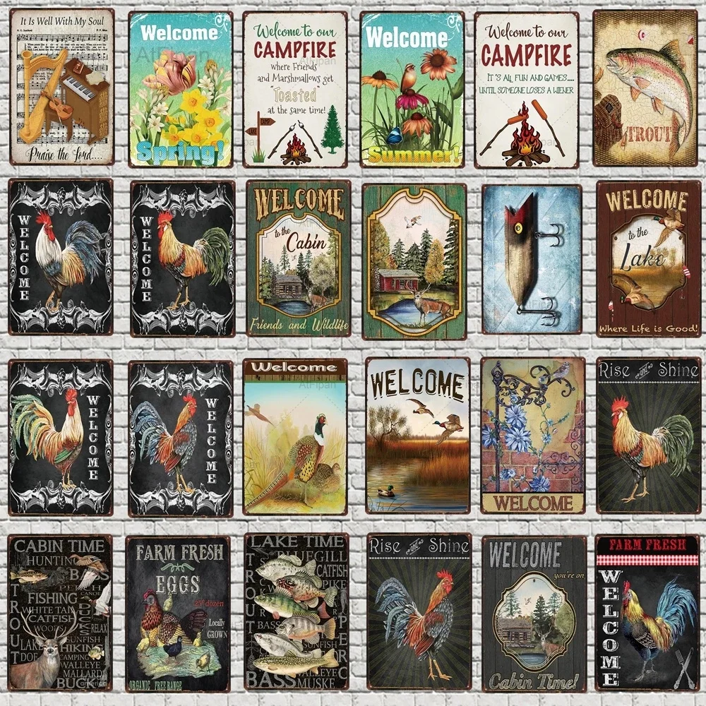 

Свежий приветственный знак на ферме, жестяной плакат для рыбалки, металлические декоративные знаки, настенный плакат, художественное искус...