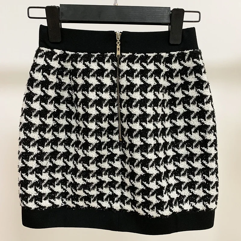 

COLOREE 2019 Runway Designer Women Skirt Houndstooth Buttons Plaid Skirt High Quliaty Female Skirt New Fashion