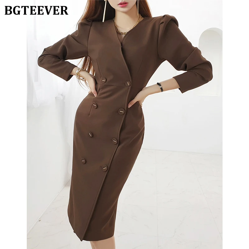 

BGTEEVER Chic Elegant V-neck Women Midi Dress Long Sleeve Double Breasted Female Bodycon Dress Spring Office Ladies Vestidos