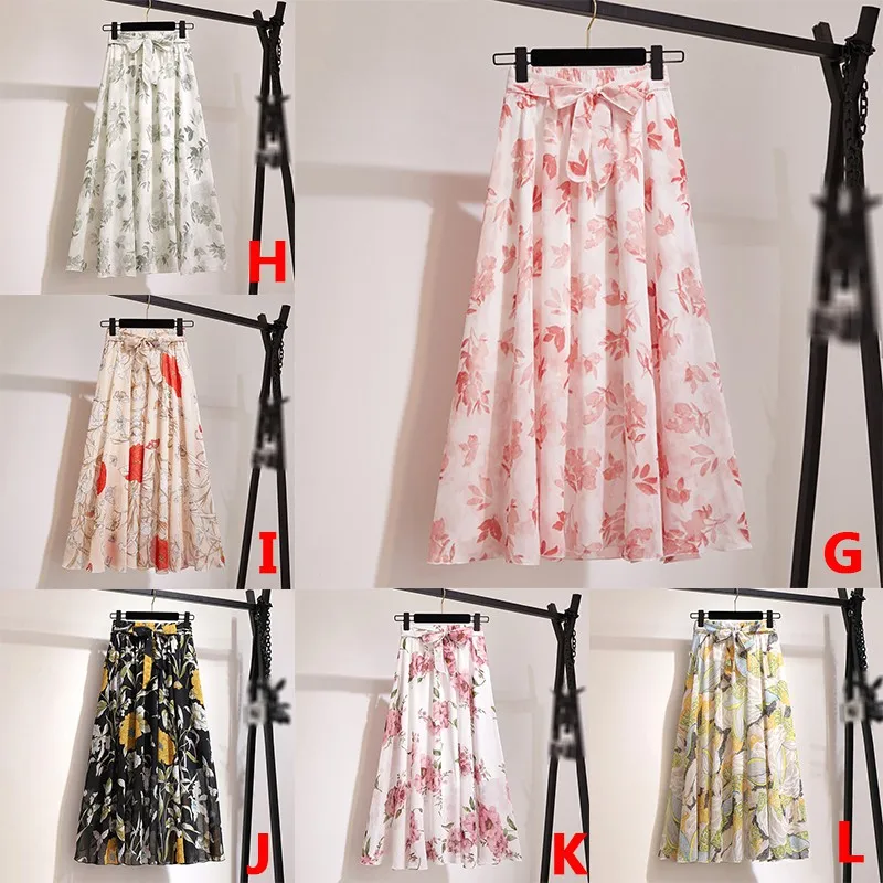 

Women'S Spring And Summer Retro Korean Chiffon Skirt Floral Print Pink Streetwear Ladies High Waist Skirt Mid-Length