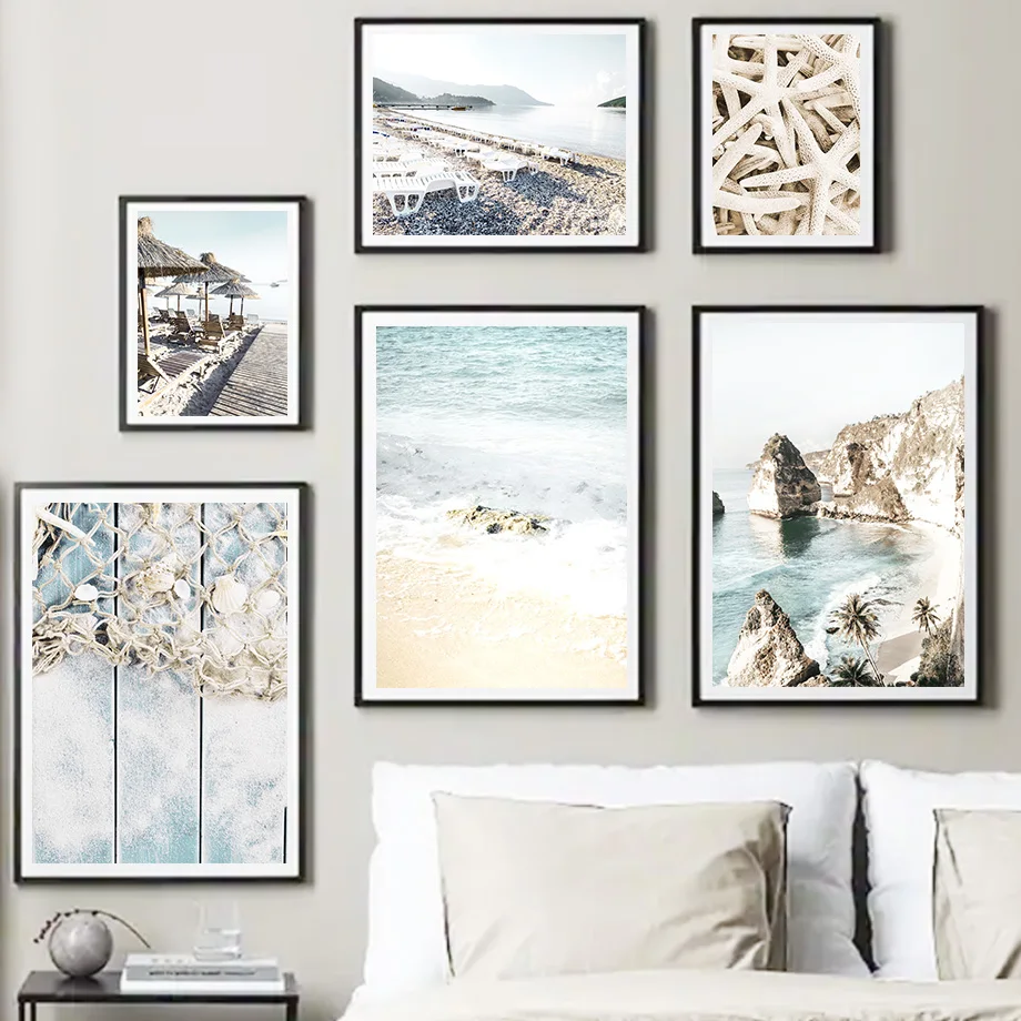 Картина на холсте Стена чайки с морскими звездами мостом ракушками