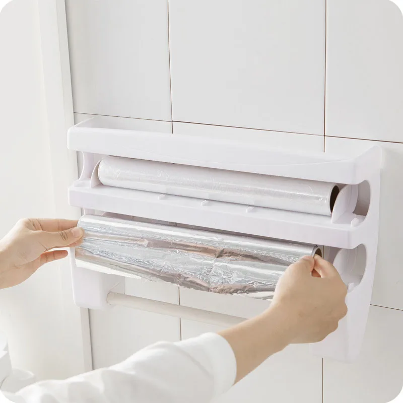 

Plastic Refrigerator Cling Film Storage Rack Wrap Cutter Wall Hanging Paper Towel Holder Kitchen Organizer