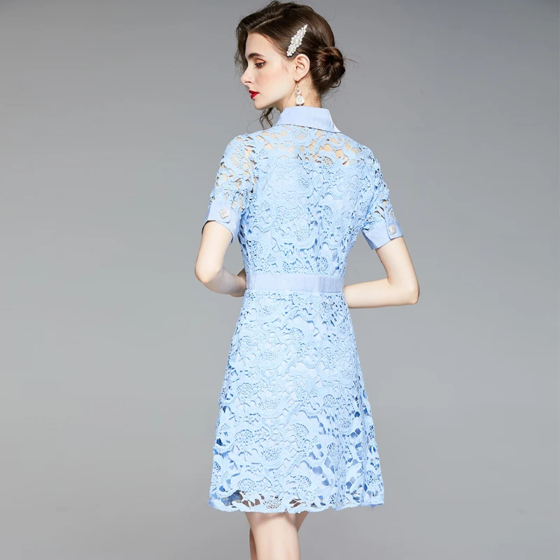

Summer women's OL blue crochet hollow water-soluble lace elegant bead buckle A-line short-sleeved mini dress