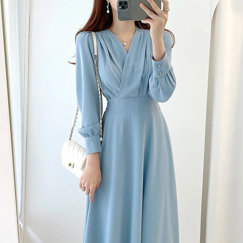 

Женское платье 2021, новый стиль, корейская мода, элегантное однотонное Деловое платье с V-образным вырезом и перекрестными складками на талии...