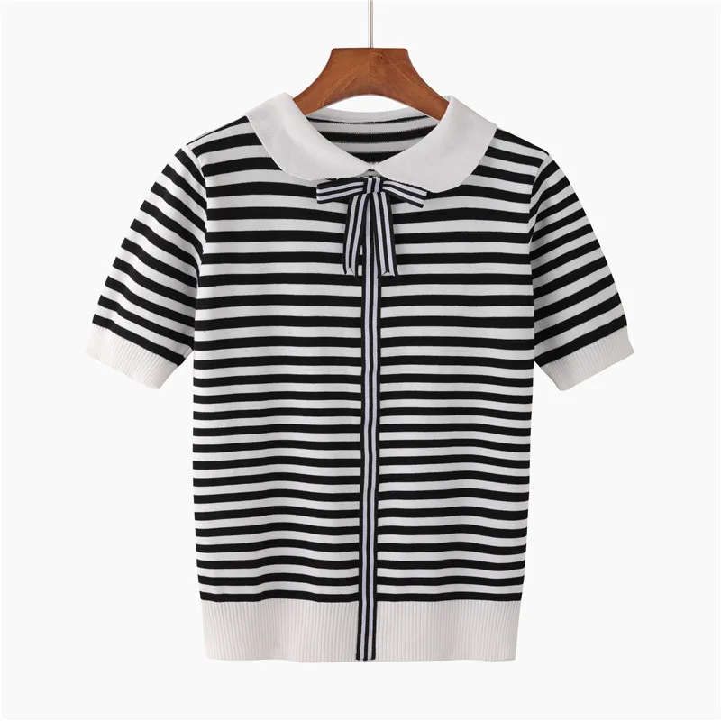 

New Women Knitted Summer Stripe T Shirt Bowtie Preppy Style Student Cute Top Tee Shirt Short Sleeve Tshirt Female 2021