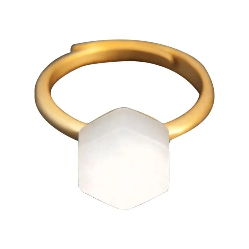 

[Geometry] Natural Hetian White Jade Ring Female S925 Sterling Silver Golden Open-End Chinese Retro National Style Ring