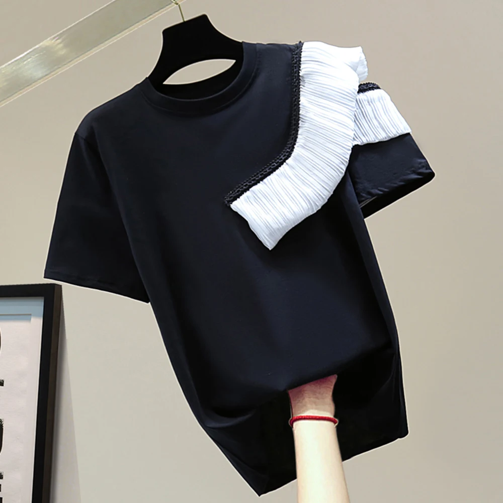 

2021 Summer New Korean Time Loose Thin T-Shirt Color Contrast Pleated Splicing Strapless Casual White Round Neck Summer