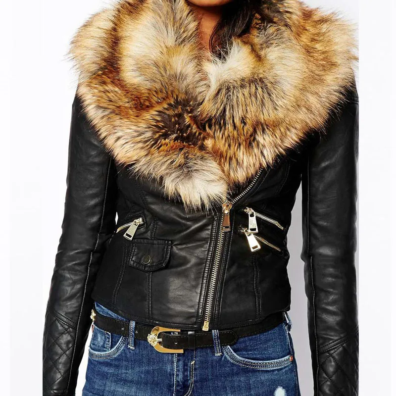 

New Fur Collar Mosaic PU Leather Jacket Zipper Outerwear Short Coat Women Winter Warm Plus Size Casual Overcoat