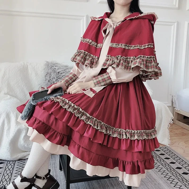 

CON Christmas Vintage Lolita Dress Cloak Spring Autumn Soft Girls Daily OP New Year Red Cosplay Party Dress Lolita Clothing
