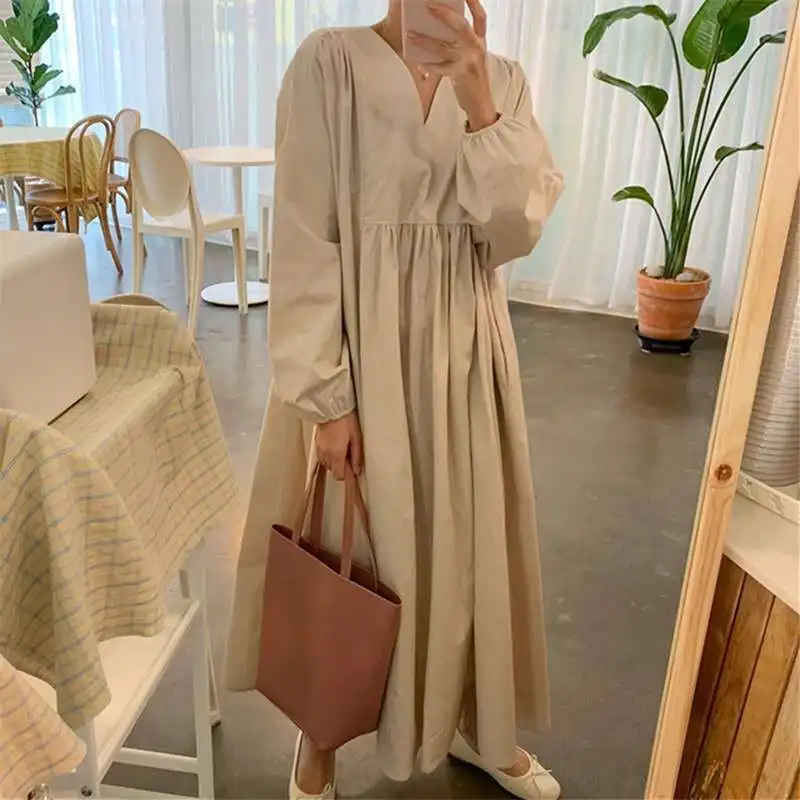 

New Loose Large Size Dress Overknee Long Slimming Shirt Elegant College Style Mori Women's V-neck Bottoming Dress
