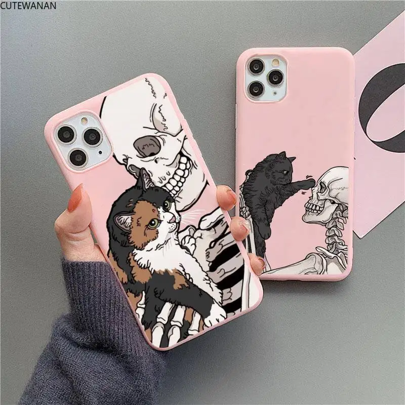 

Cute Cat and Skeleton Phone Case For iphone 12 11 Pro Max Mini XS 8 7 6 6S Plus X SE 2020 XR Matte Candy Pink Silicone cover