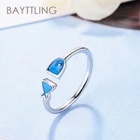 bayttling new silver color blue cute fish open ring for woman fashion wedding jewelry gift