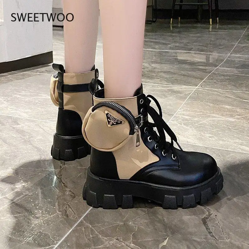 2021 black khaki platform combat and ankle boots women's lace buckle straps women's shoes winter shoes large size boots