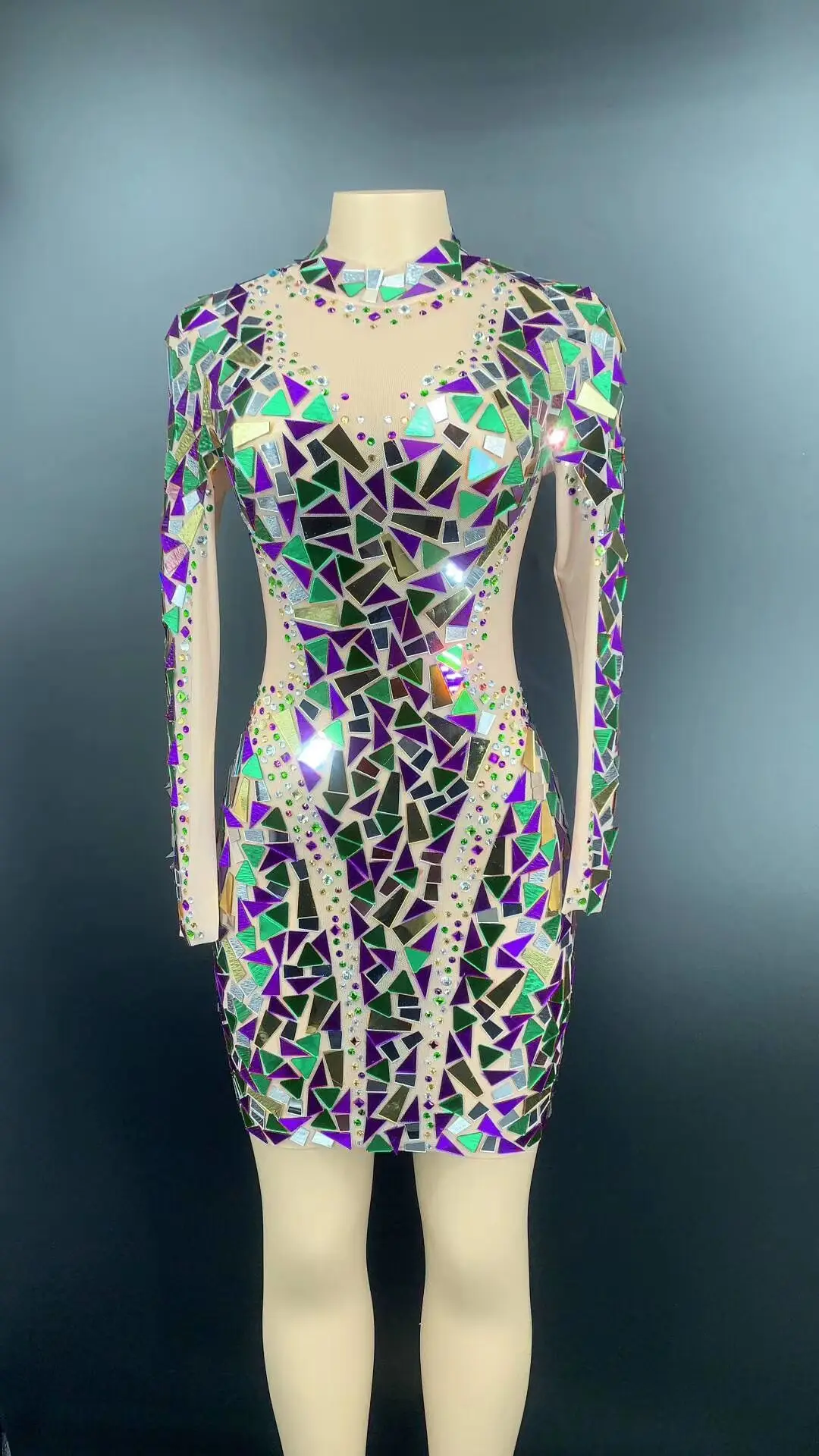 

new stage dress women dance Flashing Multi-color Rhinestones Mirror Transparent short Sequin Dress Birthday