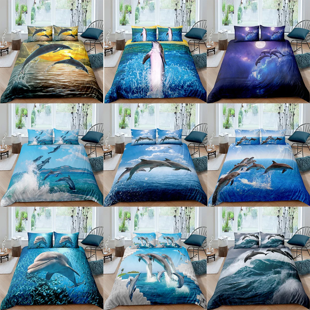 

Ocean Dolphin Bedding Set Twin Queen King Size Duvet Cover Set Quilt Cover Pillowcase Bed Set No Bed Sheets Bedclothes 2/3PC