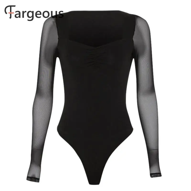 Женское Сетчатое боди с длинным рукавом черное эластичное осеннее квадратным