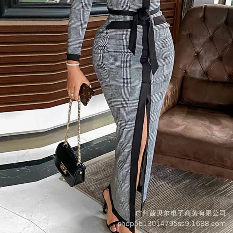 

WEPBEL Women Spring Autumn Elegant Sexy Long Sleeve V Neck Plaid Bodycon Dress Ladies Lace Up Split Pencil Dress