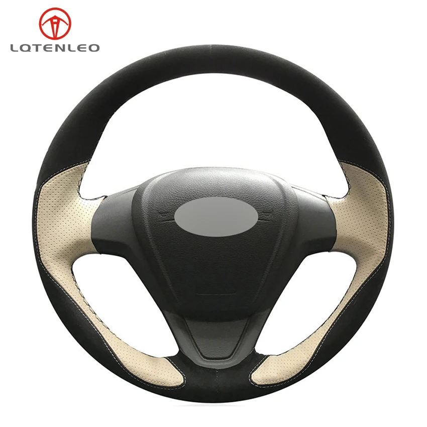 

LQTENLEO Black Suede Beige Leather Steering Wheel Cover For Ford Fiesta 2008-2016 Figo 2012-2014 Ecosport 2013-2017 B-Max 2011