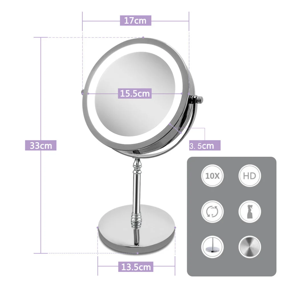 

7 Inch Swivel Vanity Mirror Double Sided Makeup Mirror Metal LED 10X Magnification Mirror without Battery (Silver)