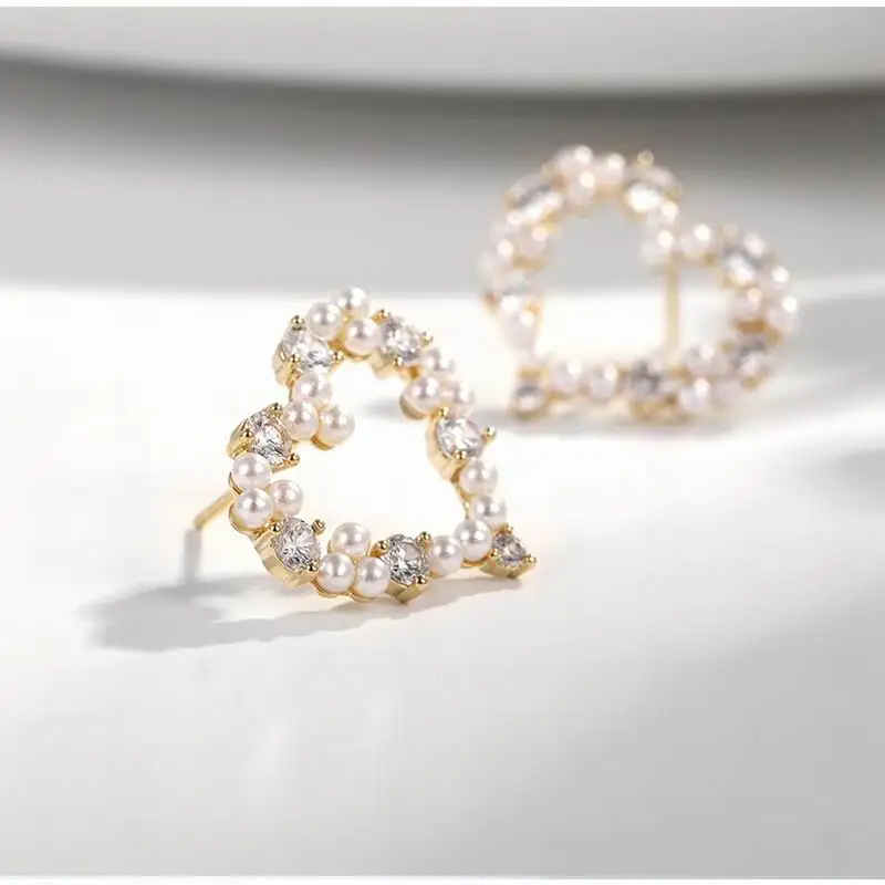 Корейские модные серьги-гвоздики с жемчугом в форме сердца Стразы для женщин 2020