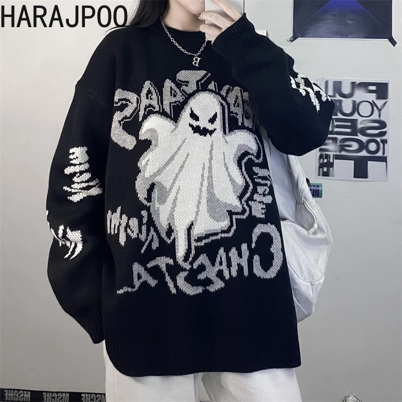 

Парный свитер Harajpoo с круглым вырезом, Осень-зима 2021, корейский Свободный трикотажный жаккардовый свитер в стиле Харадзюку с надписью привид...