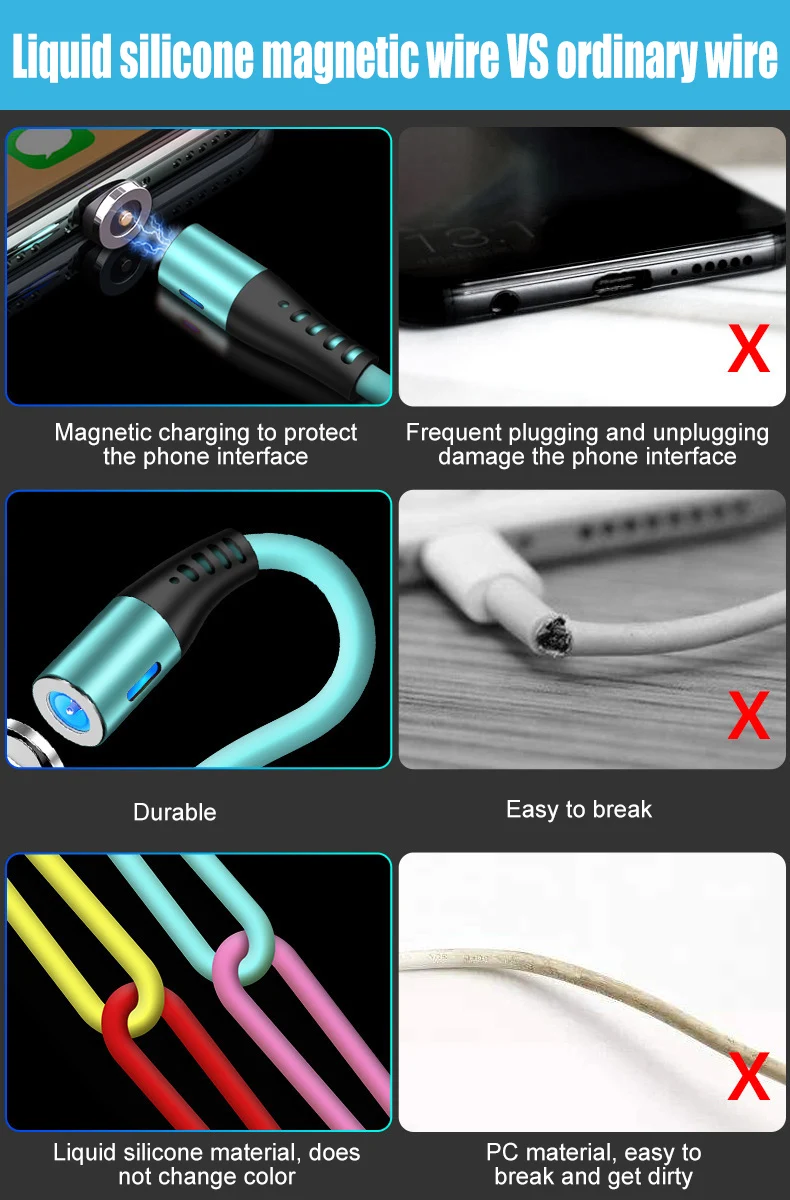 Кабель передачи данных с магнитной присоской из жидкого силикона три в одном 360 Du