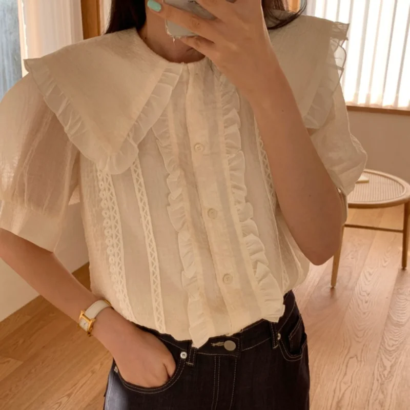 

KUSAHIKI Women Tops Sweet Ruffle Peter Pan Collar Puff Sleeve Blouse Shirts 2021 Summer New Korean Blusas Camisas Mujer 6H728