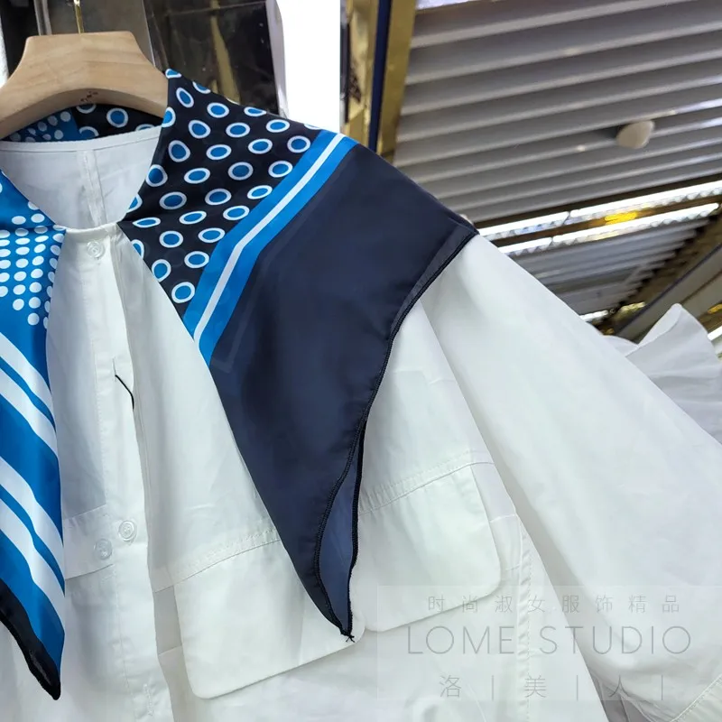 

2021 Spring Summer European Silk Scarf Shawl Ladies Shirt Loose Large Design Fashion Cotton Blusas Slimming Casual White Tops