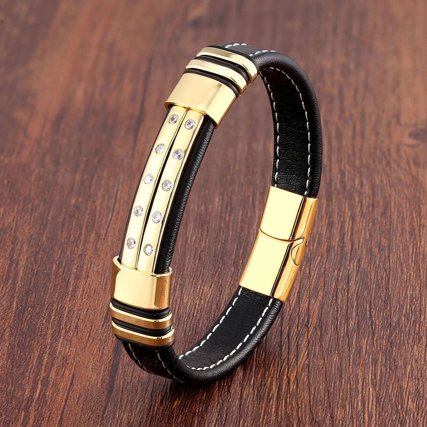

Luxury,Pave Setting CZ Bracelet,Black,Leather Rope Chain,Stainless Steel Men Bracelets,Fashion Male Magnetic Jewelry Gifts