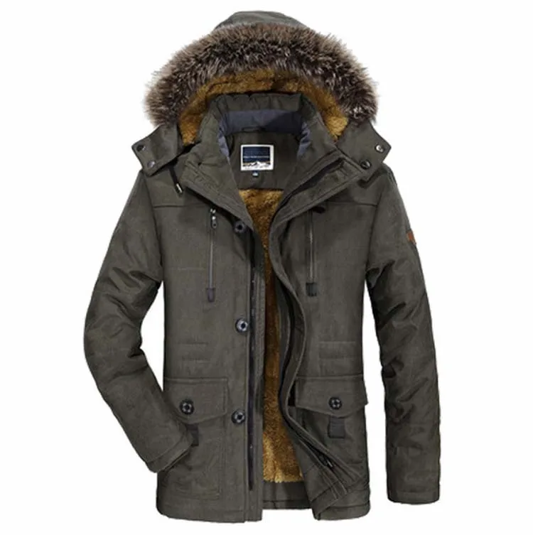 army green Зимняя мужская куртка, теплая, утолщенная, длинная, с капюшоном, с меховым воротником, с подкладкой, плюс бархат, верхняя одежда, для среднего возраста, для отца, хлопок, Свободное пальто размера плюс - Цвет: army green
