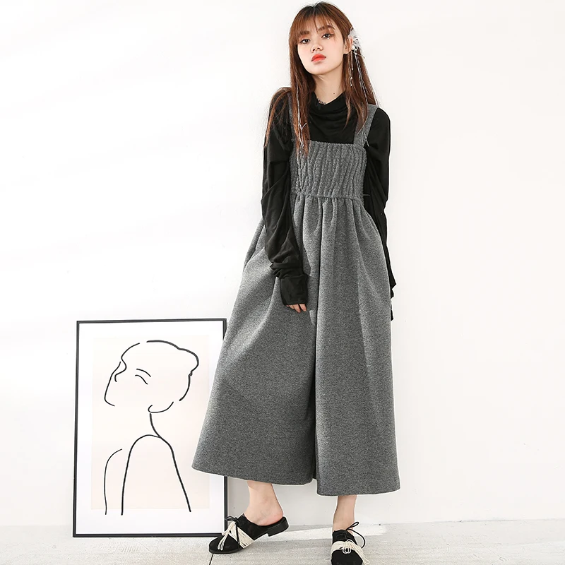

Women Loose Fit Gray Woolen Long Thick Jumpsuit New High Waist Pocket Stitch Pants Fashion Spring Autumn 2021 OB11902