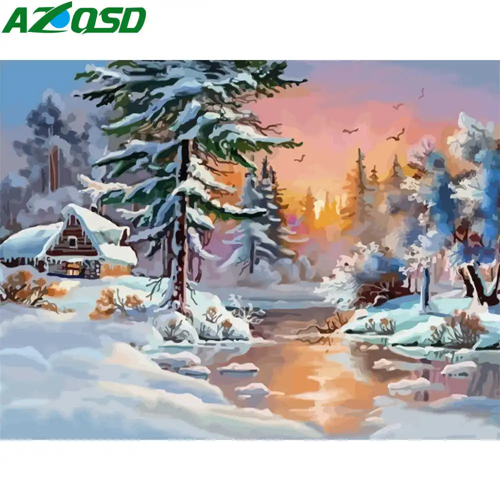 

AZQSD цвет по номеру зимний пейзаж краска по номеру холст краски ing наборы домашний Декор подарок без рамки 50x40 см ручная краска ed