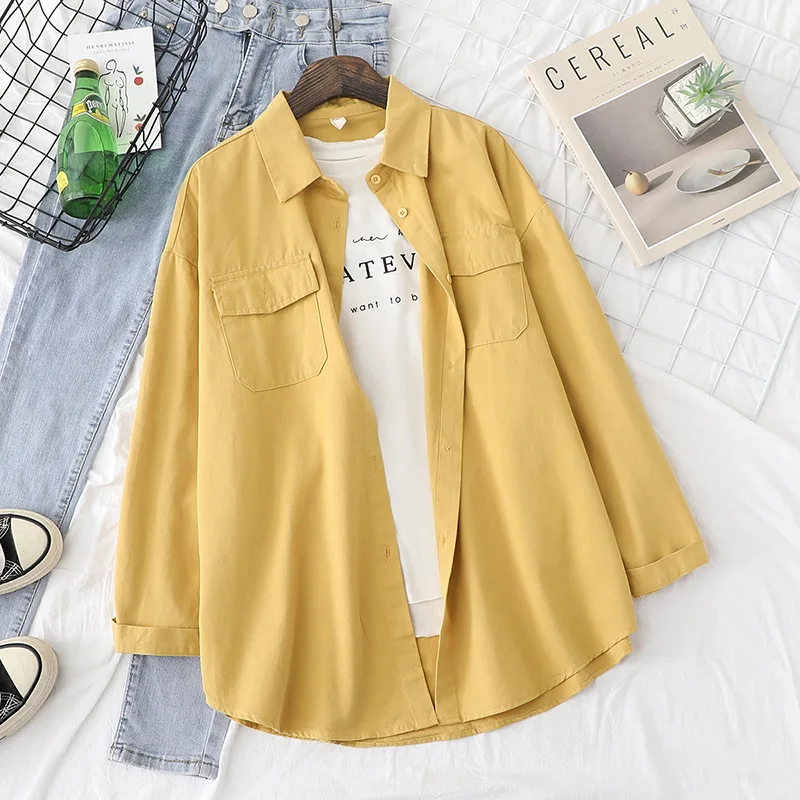 

Loose Womens Shirts Autumn Blouses Casual Long Sleeve 100% Cotton Office Tops Blusas Female Clothes Double Pockets Solid Outwear