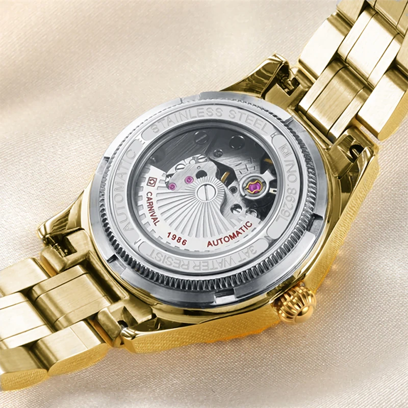 CARNIVAL Fashion Watch Women Calendar Luminous Waterproof Diamond Studded Stainless Steel Strap Gold Automatic Mechanical Watch enlarge