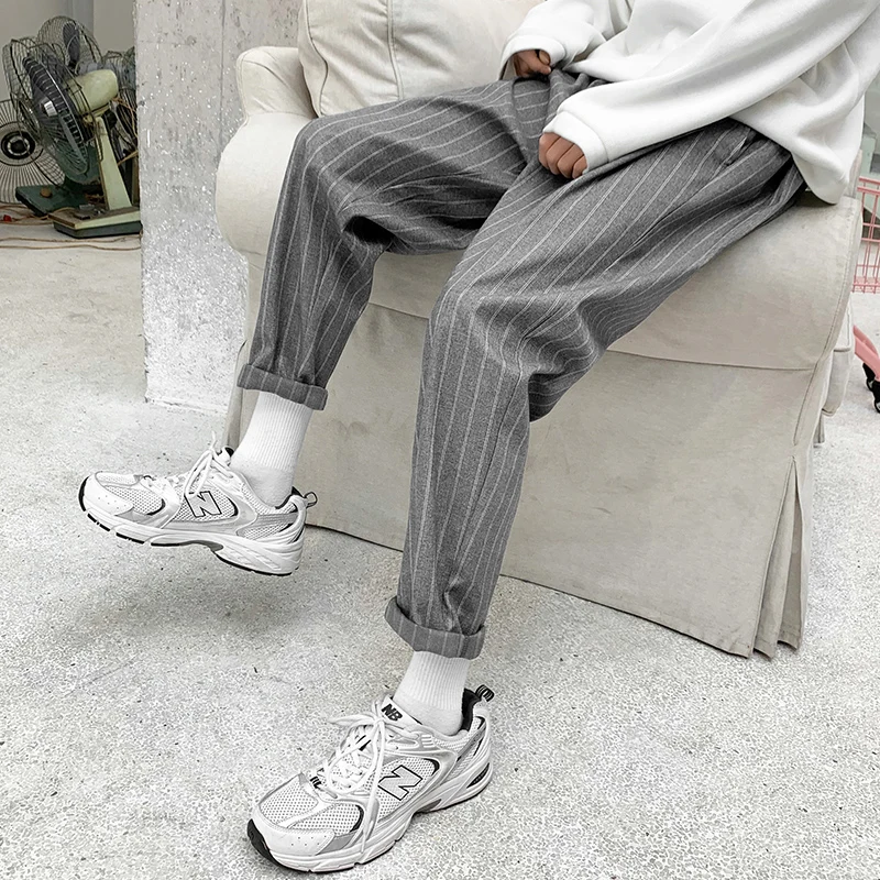 

Korean Striped Harem Pants Men's 2021 Streetwear Man Casual Loose Japanese Men Black Gray Retro Plaid Harajuku Punk Pants