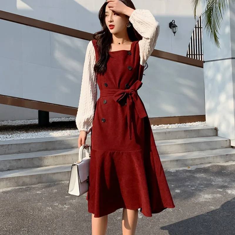 Модное женское платье из двух частей осеннее с квадратным воротником