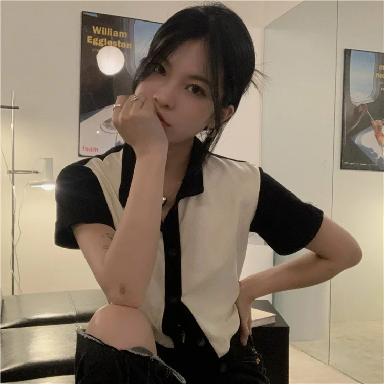 Minority T-shirt Color Contrast Short Sleeve Women's Summer French Loose And Versatile Thin Polo Top |