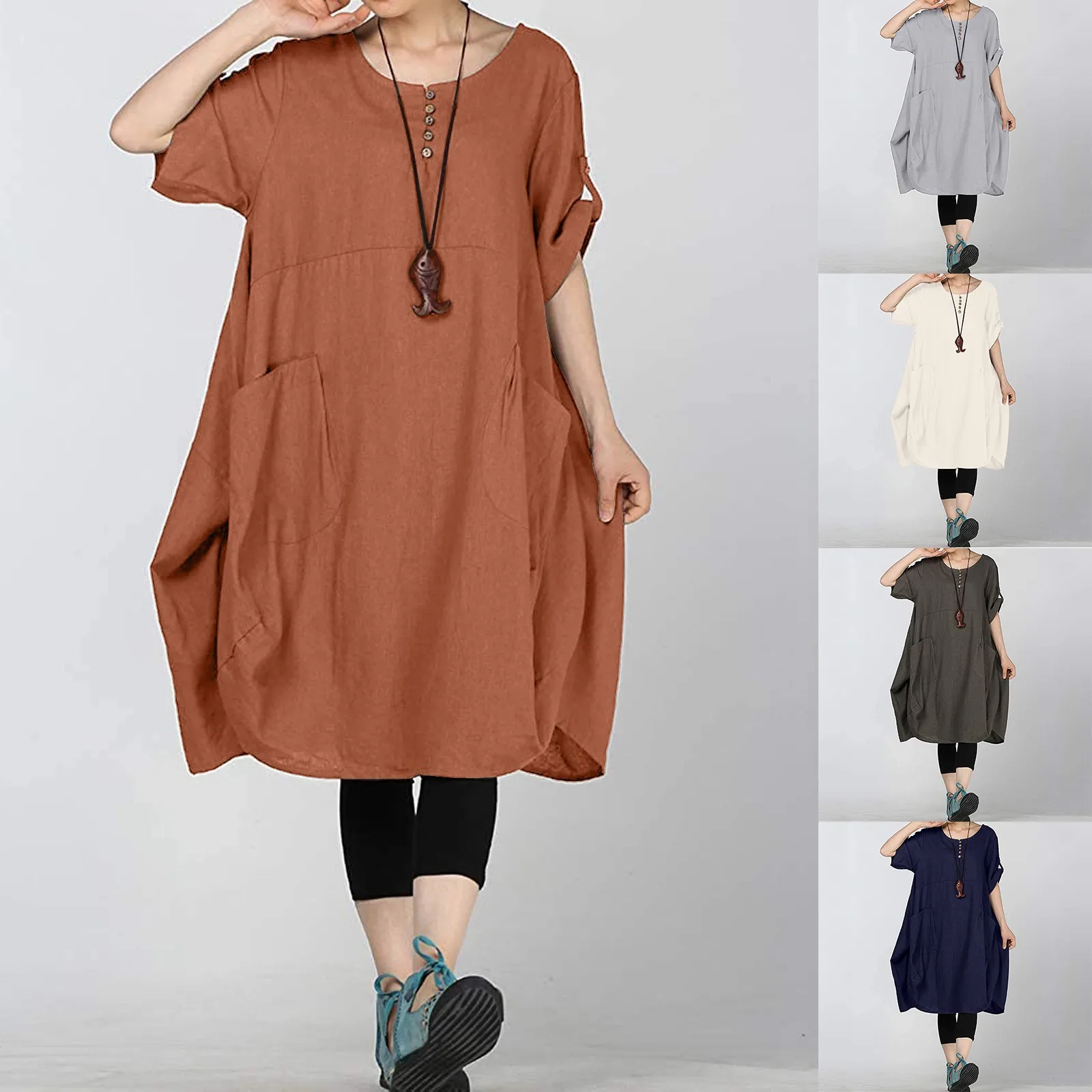 

Linen Plus Size Women's T-shirt Loose Mid-length Dress Short Sleeve Round Neck Pocket Fashion Casual Clothing Femme Vestidos2021