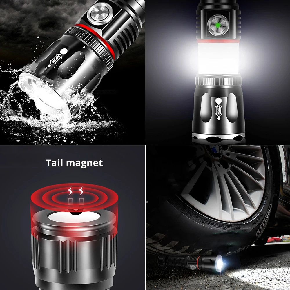 

USB Rechargeable LED Flashlight Surround COB Tactical Torch Tail Magnet Design Work Light Waterproof Zoom 4 Mode Camping Lantern