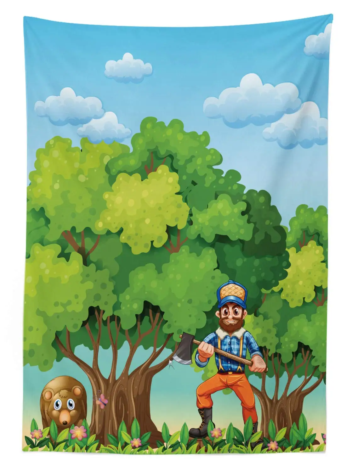 Lumberjack скатерть Мультфильм иллюстрация леса с медведем и резец дерева человек