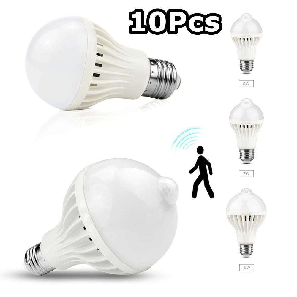 

10Pcs E27 LED Induction Light Bulbs Motion Sensor 5W 7W 9W 2835 SMD 85-265V Cool White 6500K Stairs Corridor Night Security Lamp