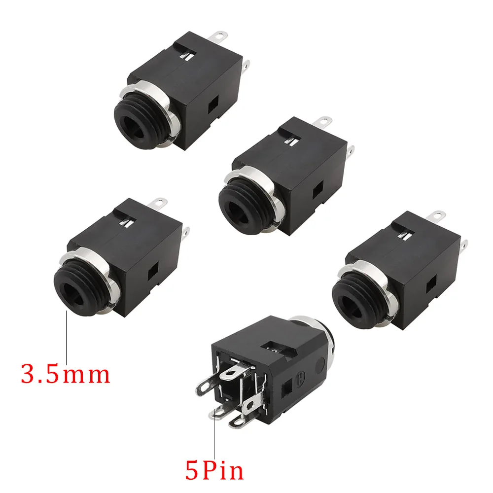 

5Pcs/Lot PJ-341 PJ341 3.5mm Jack 5Pin Stereo Audio Headphone Female Vertical Socket 3.5mm Audio Earphone Jack Connector with Nut