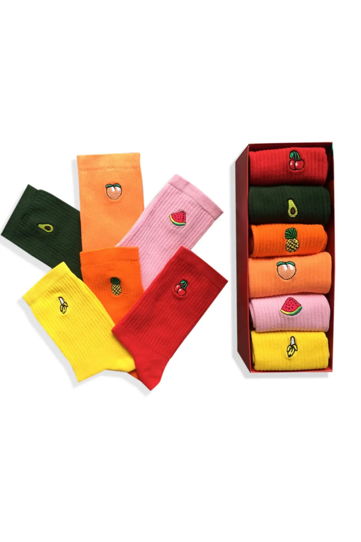 Fruit Embroidered Colorful Socks Box 6 pieces for women