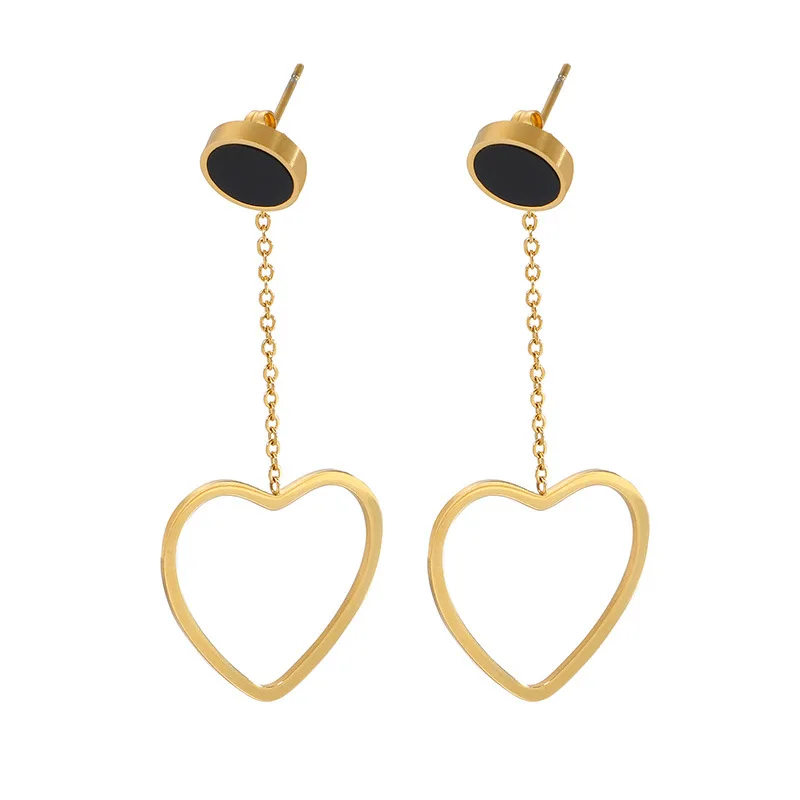 

European and American long titanium steel new earrings black small round earrings exaggerated personality heart-shaped earrings