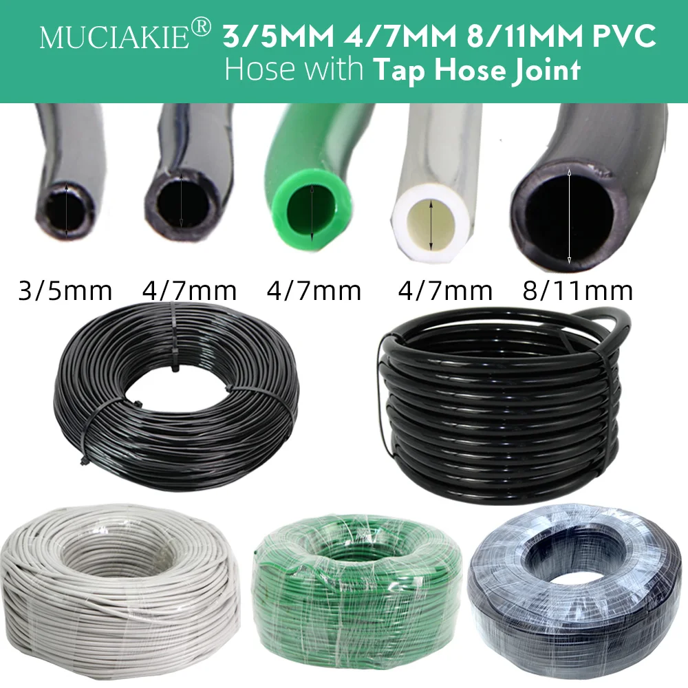 5-80M 3/5mm 4/7mm 8/11mm New PVC Hose With Tap Hose Joint Garden Water Hose Irrigation Watering Tubing Garden Water Connecter