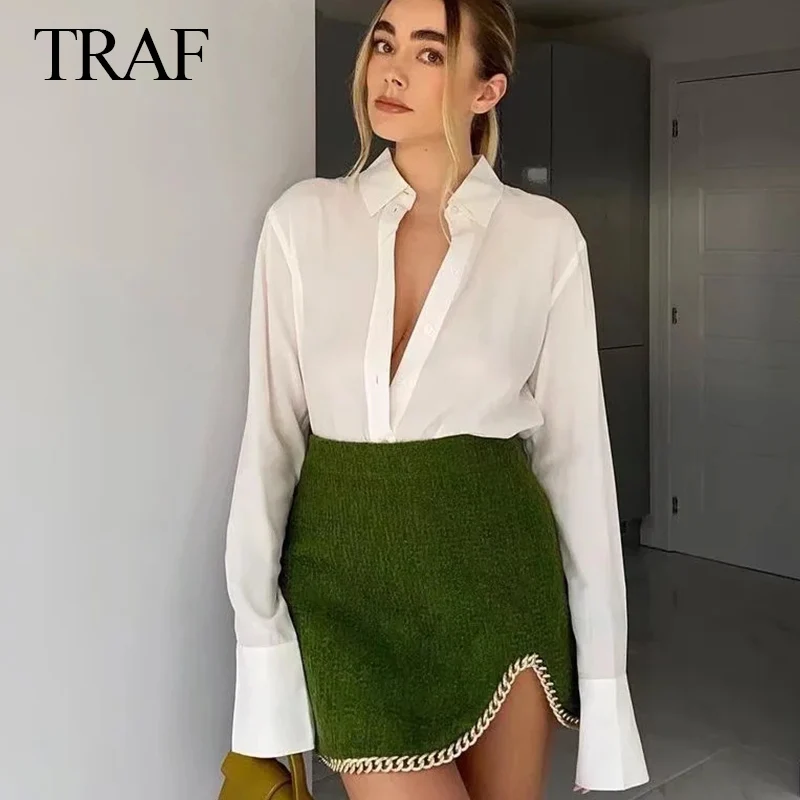 

TRAF ZA Women's Skirt Vintage Irregular Chain A Line High-waisted Skirt Fashion Office Wear Green Textured Elegant Mini Skirts