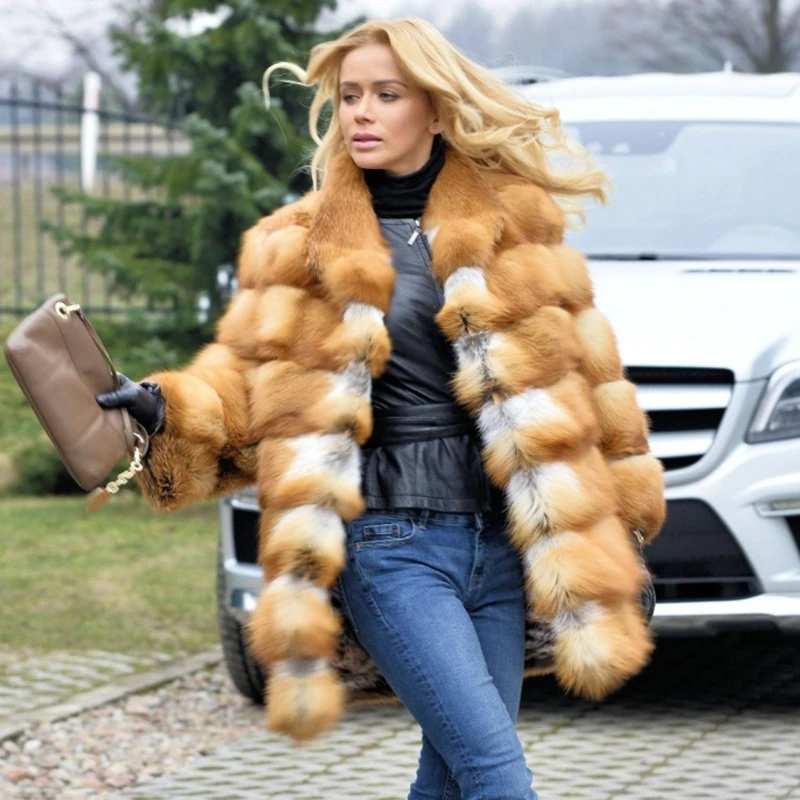 Women Natural Real Red Fox Fur Coats With Hood Winter Fashion 2022 New Whole Skin Genuine Fox Fur Jackets Woman Trendy Outwear