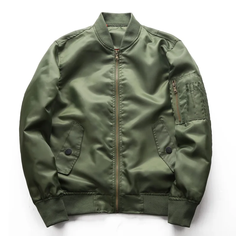 

Spring Autumn Style Mens Slim Fit Nylon Bomber Jacket with Stand Collar Casual Solid Pilot Warm Windbreaker Blank for Man Pocket